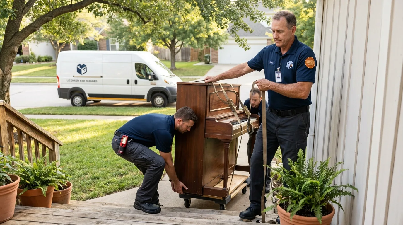 Licensed piano movers securing grand piano in Ripley, MS