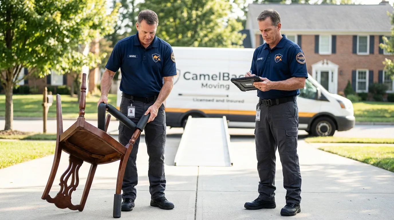 Movers inspecting furniture for damage prevention before loading in Ripley, MS