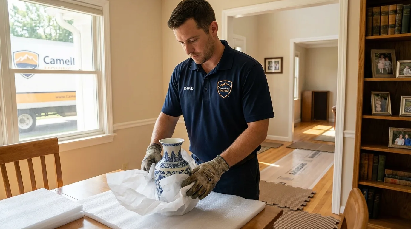 Professional crew carefully wrapping antique vase for senior downsizing move in Ripley, MS